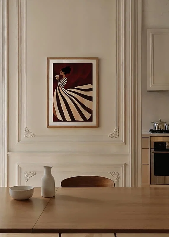 A poster of a woman in a striped dress enjoying a cup of coffee-12
