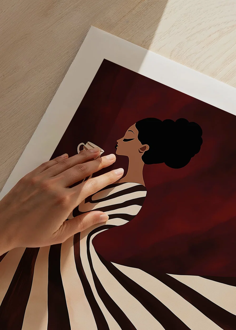 A poster of a woman in a striped dress enjoying a cup of coffee-12