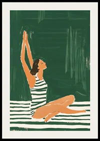 A poster of a woman in a striped swimsuit reaching for the sky-2