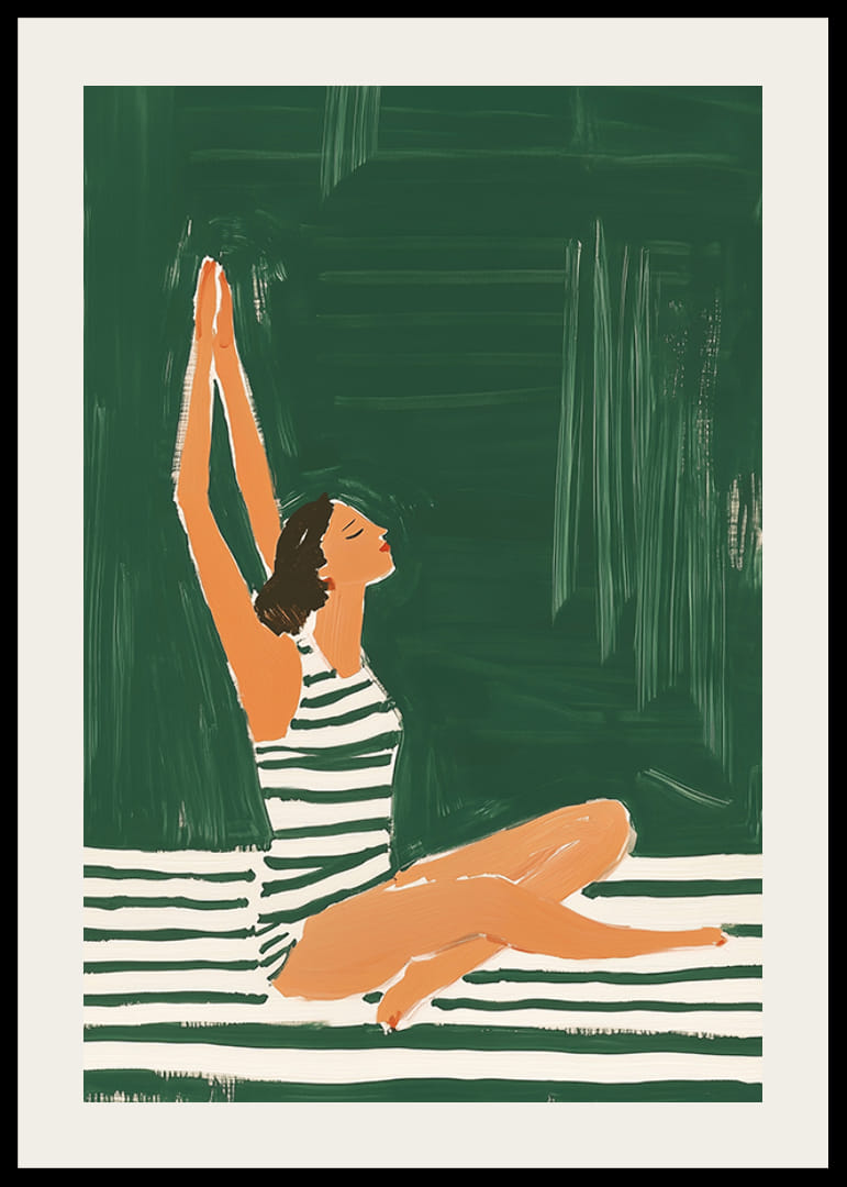 En plakat av en kvinne i stripet badedrakt som strekker seg mot himmelen-12