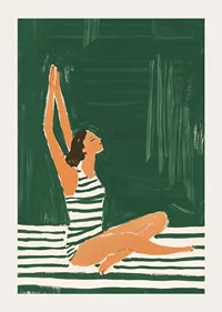 A poster of a woman in a striped swimsuit reaching for the sky-3