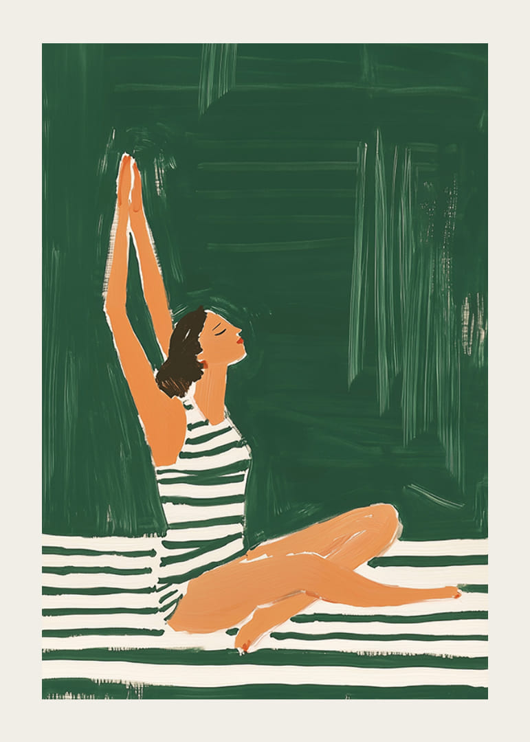 En plakat av en kvinne i stripet badedrakt som strekker seg mot himmelen-12