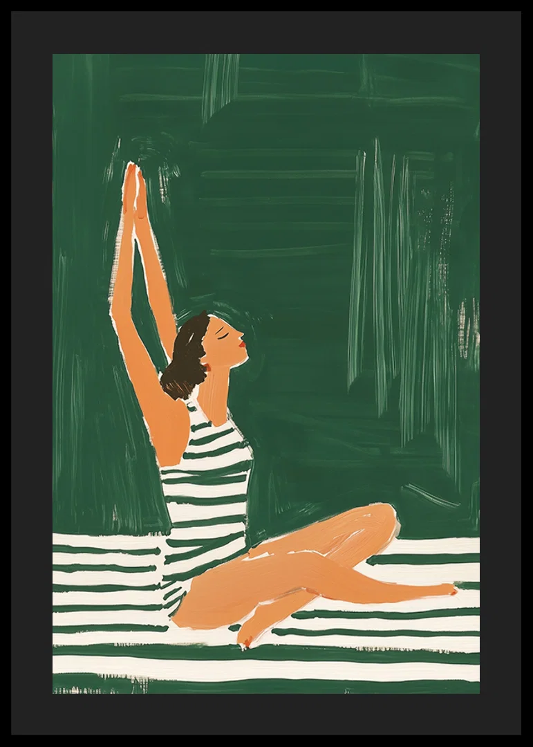 A poster of a woman in a striped swimsuit reaching for the sky-12