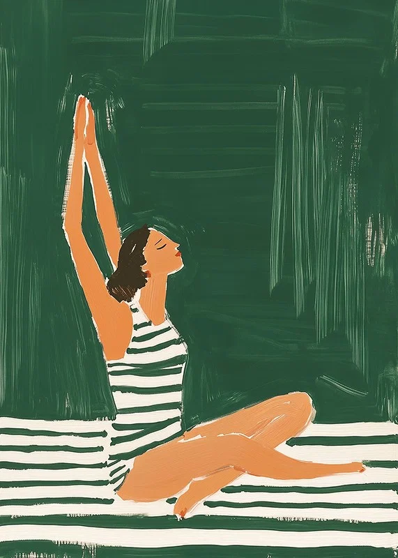 A poster of a woman in a striped swimsuit reaching for the sky-12
