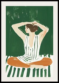 A poster of a woman in a striped dress putting her hair up-2
