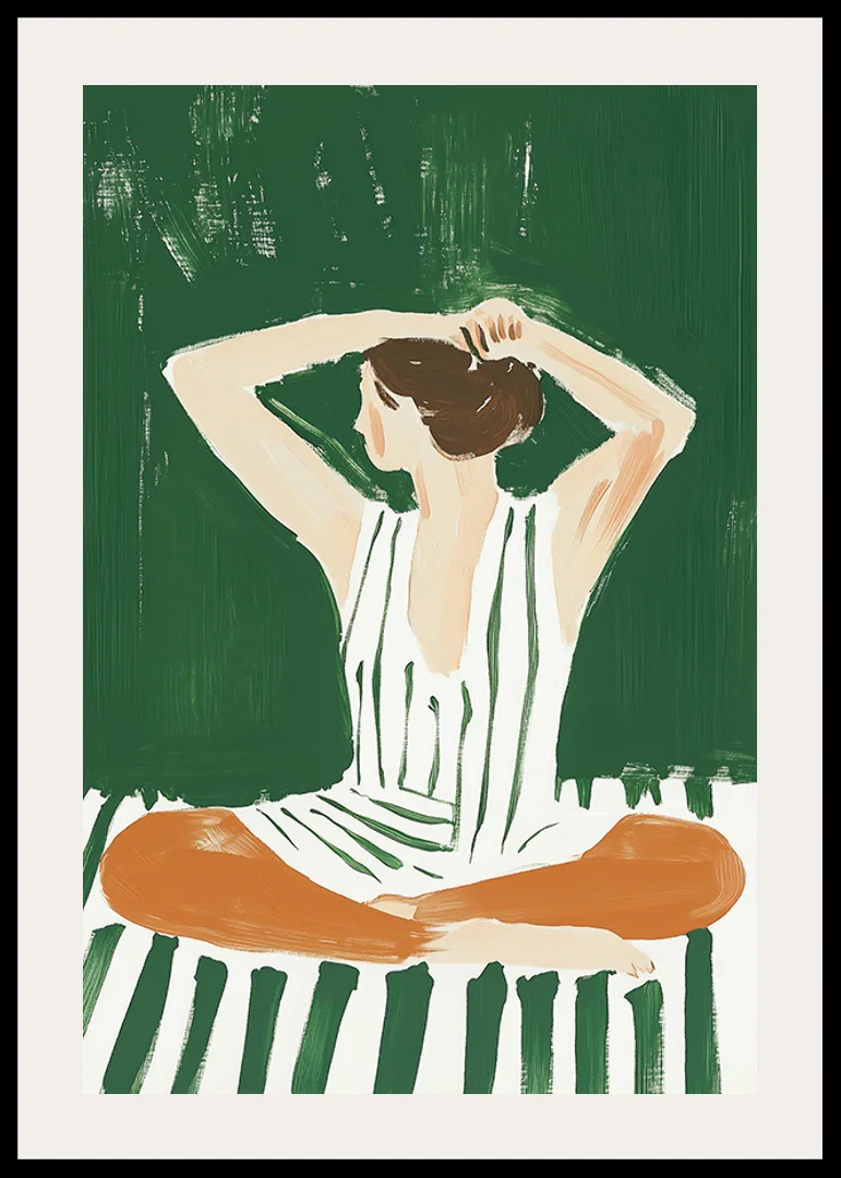 A poster of a woman in a striped dress putting her hair up-12