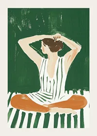 A poster of a woman in a striped dress putting her hair up-3