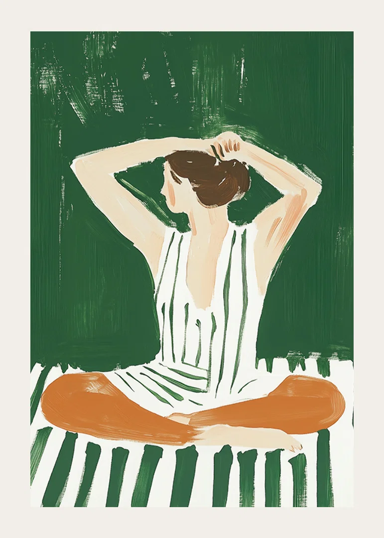 A poster of a woman in a striped dress putting her hair up-12