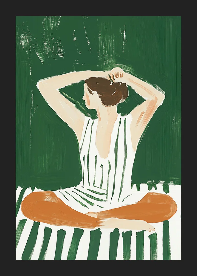 A poster of a woman in a striped dress putting her hair up-12