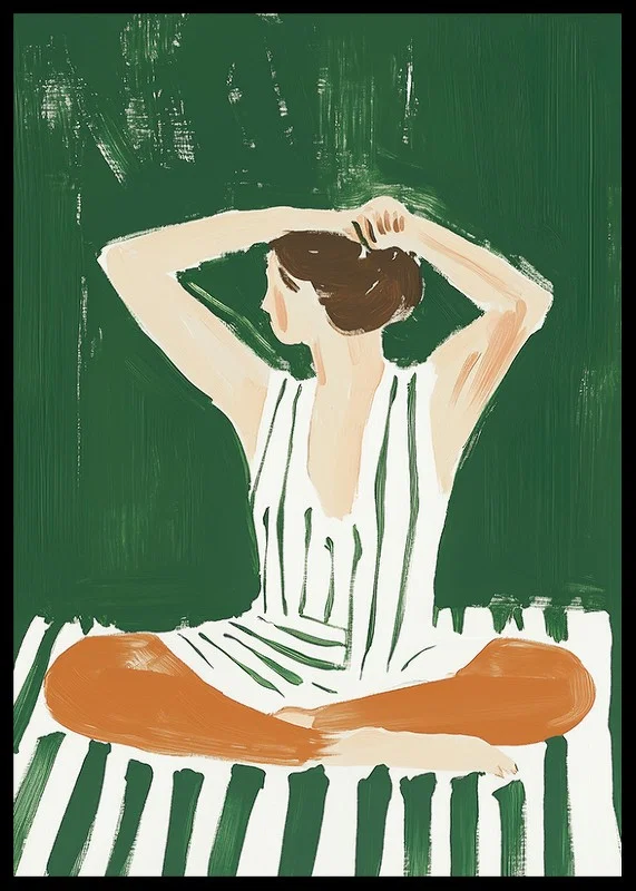 A poster of a woman in a striped dress putting her hair up-12