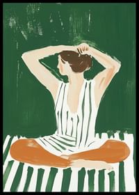 Une affiche d'une femme en robe rayée qui relève ses cheveux-2
