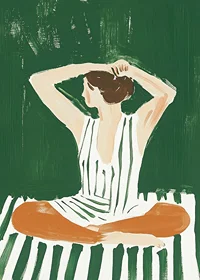 A poster of a woman in a striped dress putting her hair up-7