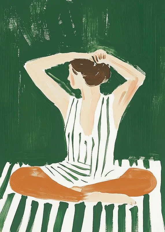 A poster of a woman in a striped dress putting her hair up-12