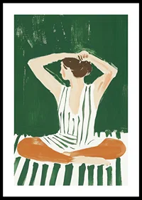 A poster of a woman in a striped dress putting her hair up-0