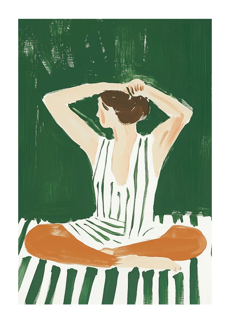 A poster of a woman in a striped dress putting her hair up-12