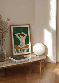 A poster of a woman in a striped dress putting her hair up-8
