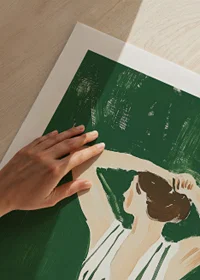 A poster of a woman in a striped dress putting her hair up-9