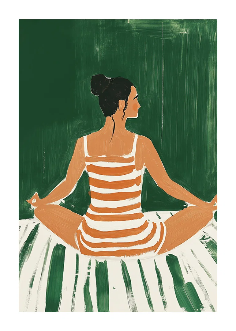 A poster of a woman in a striped dress meditating-12