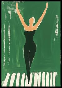 Een poster van een vrouw in zwarte sportkleding die naar de hemel reikt-2