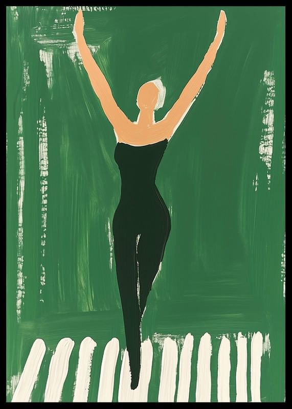 Een poster van een vrouw in zwarte sportkleding die naar de hemel reikt-12