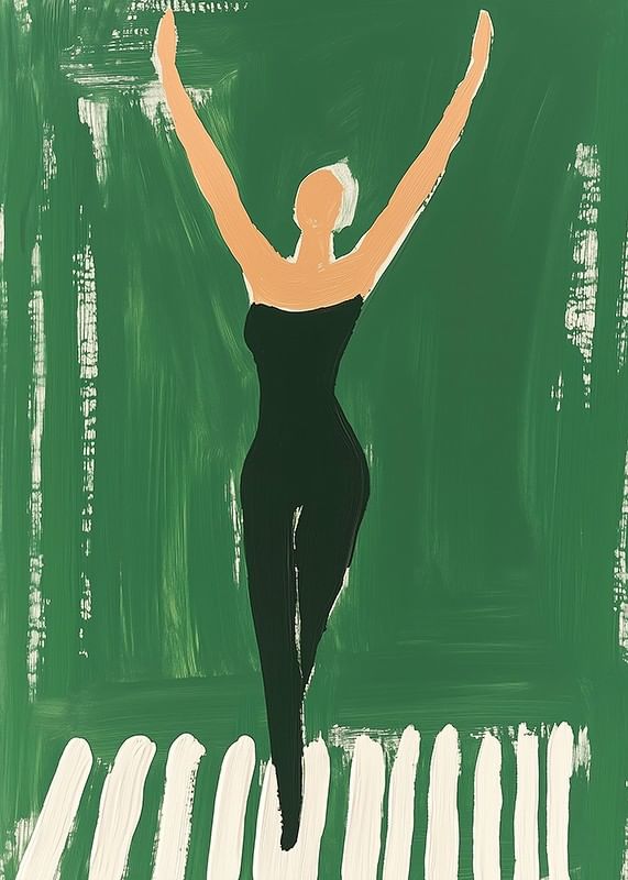 Een poster van een vrouw in zwarte sportkleding die naar de hemel reikt-12