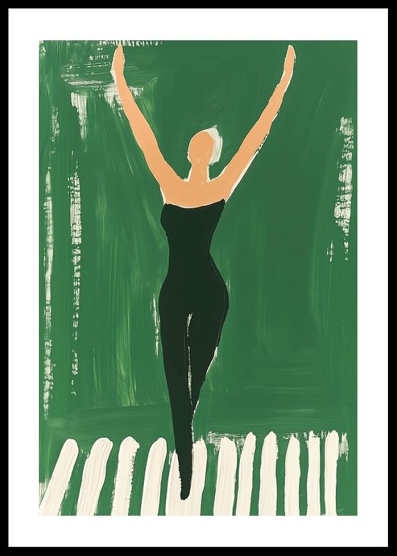 Een poster van een vrouw in zwarte sportkleding die naar de hemel reikt-12