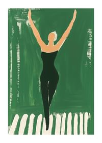 Een poster van een vrouw in zwarte sportkleding die naar de hemel reikt-1