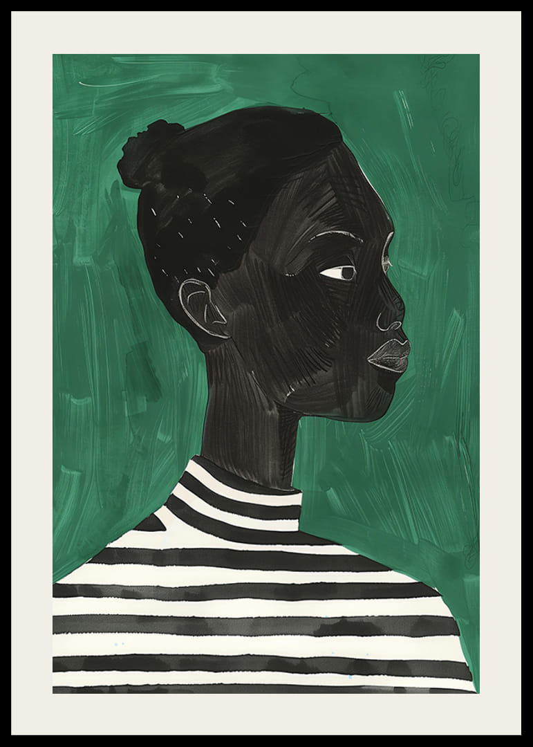 Um cartaz de uma mulher de perfil a usar uma camisola listrada-12