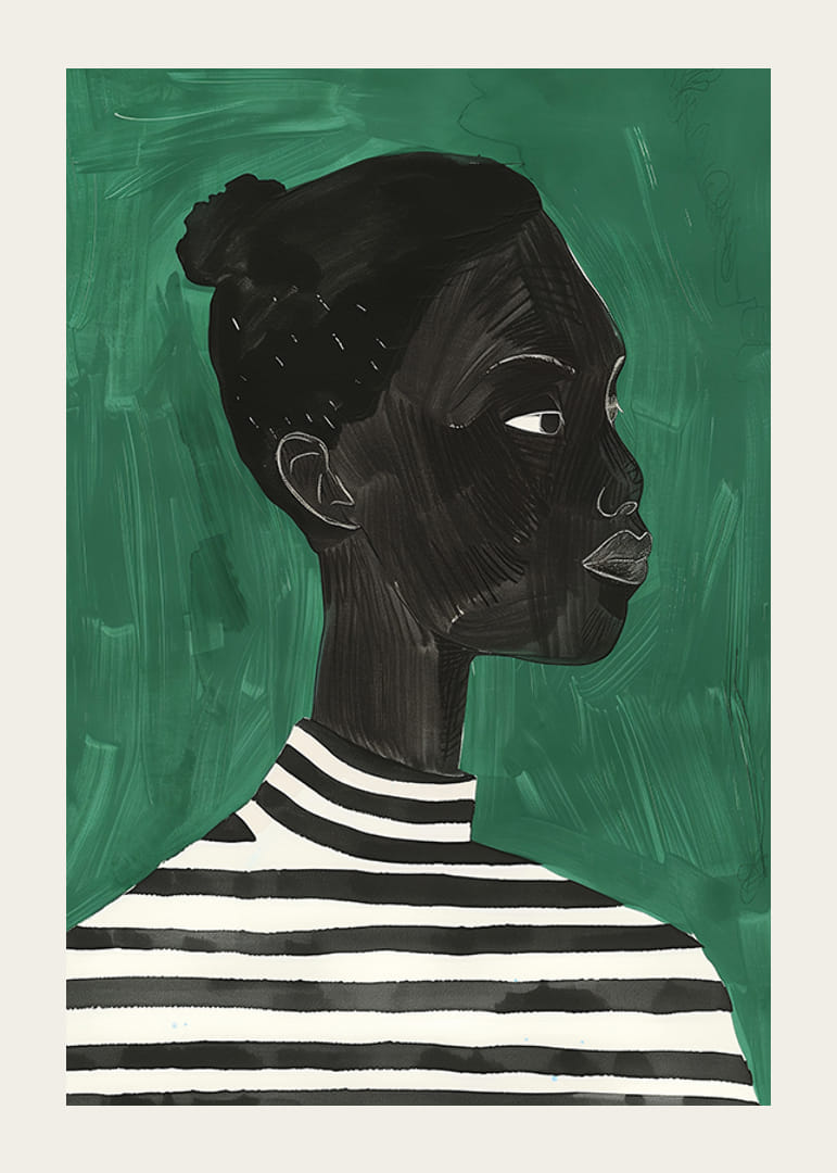 Um cartaz de uma mulher de perfil a usar uma camisola listrada-12