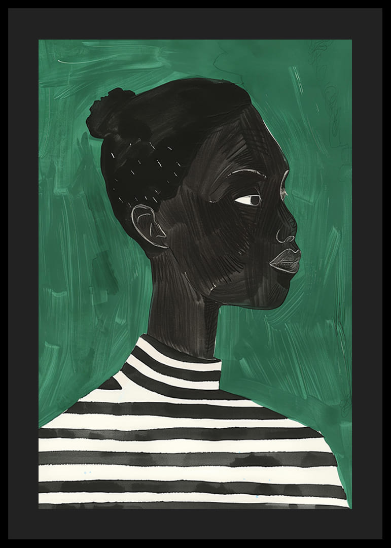 Um cartaz de uma mulher de perfil a usar uma camisola listrada-12