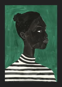 Um cartaz de uma mulher de perfil a usar uma camisola listrada-5