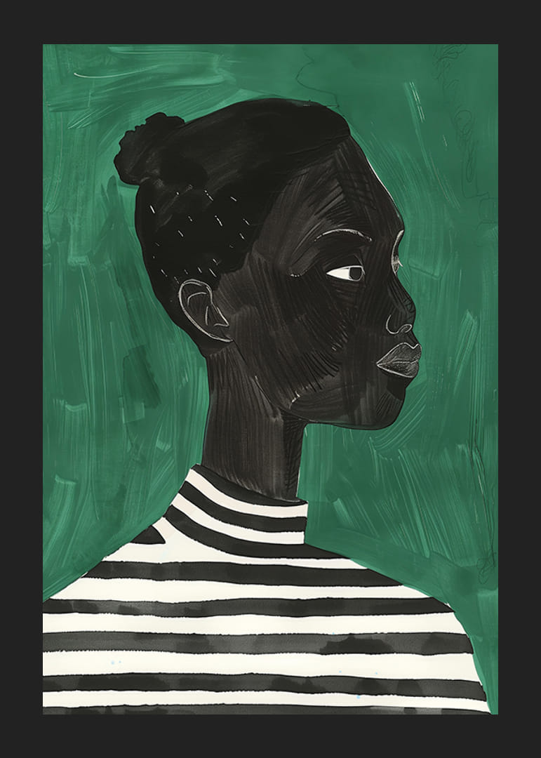 Um cartaz de uma mulher de perfil a usar uma camisola listrada-12