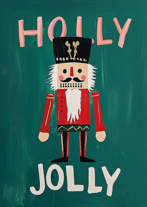 Un afiș cu un spărgător de nuci colorat și textul „Holly Jolly” pe un fundal verde-12