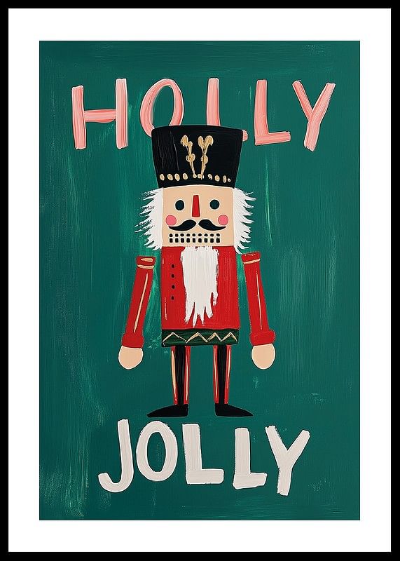 Un afiș cu un spărgător de nuci colorat și textul „Holly Jolly” pe un fundal verde-12