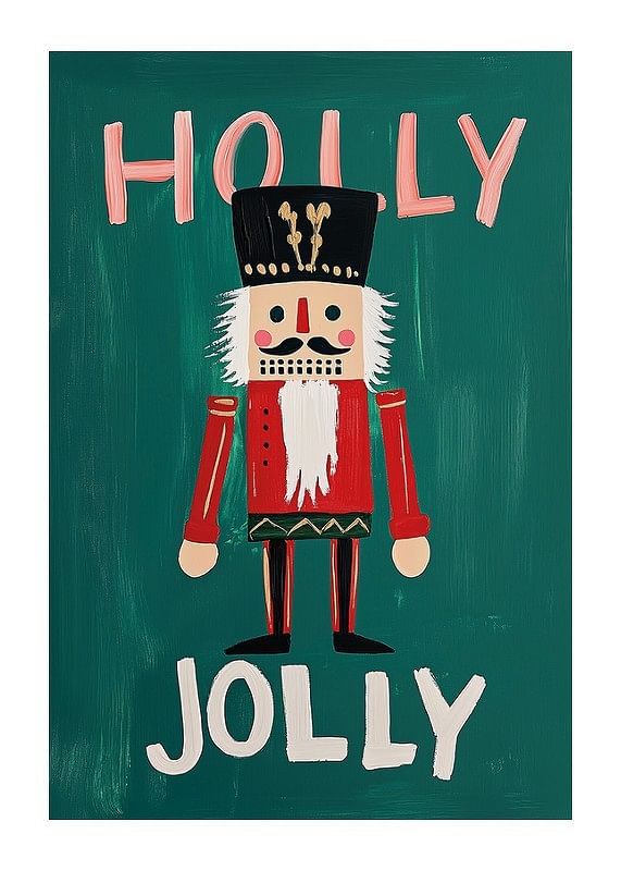 Un afiș cu un spărgător de nuci colorat și textul „Holly Jolly” pe un fundal verde-12