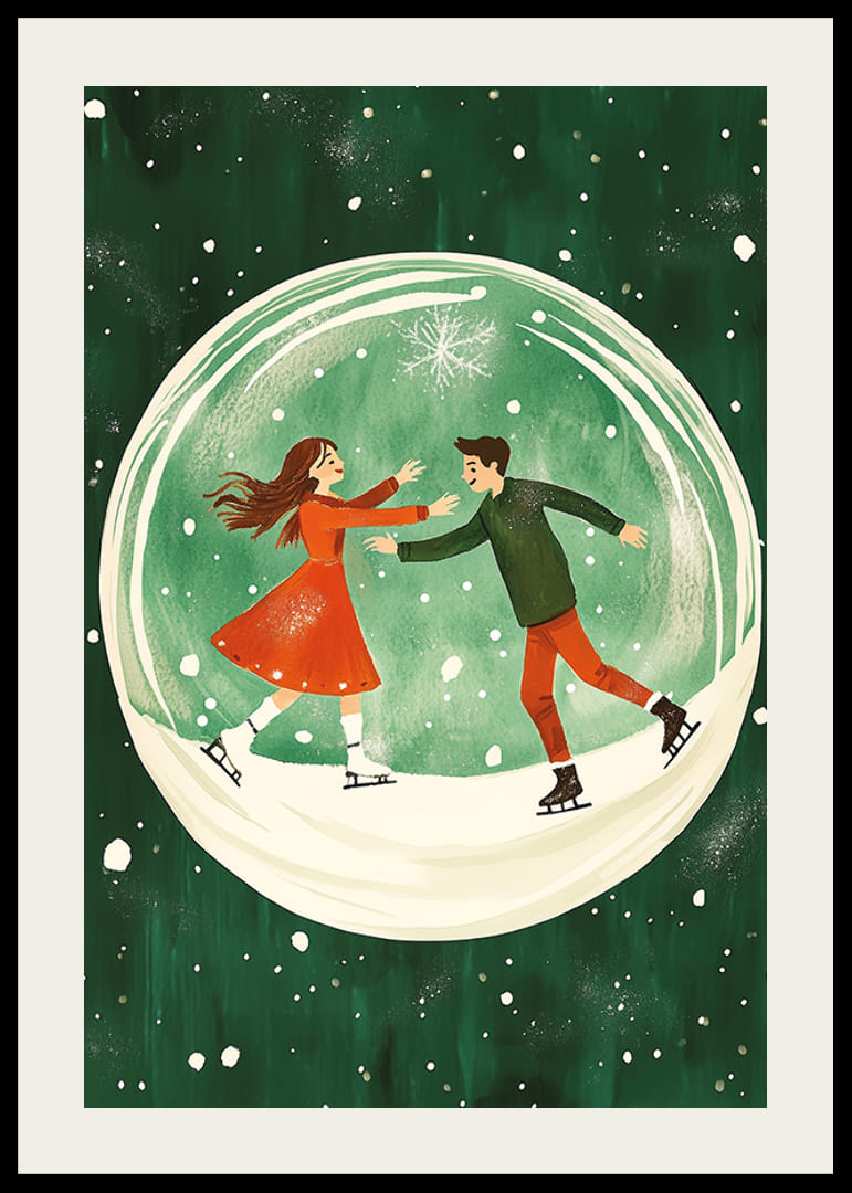 En poster av ett skridskoåkande par i en snöglob-12