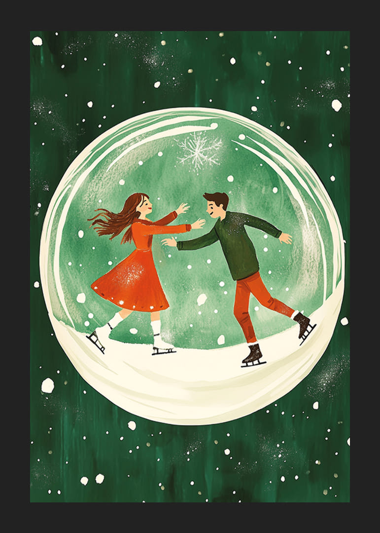 En poster av ett skridskoåkande par i en snöglob-12