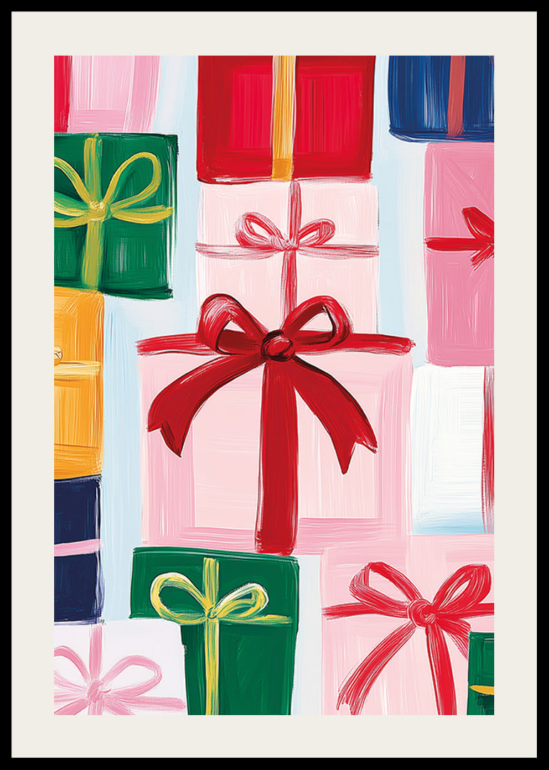 A poster with beautifully wrapped packages and large bows in festive shades-12