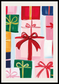 En poster med vackert inslagna paket och stora rosetter i festliga nyanser-2