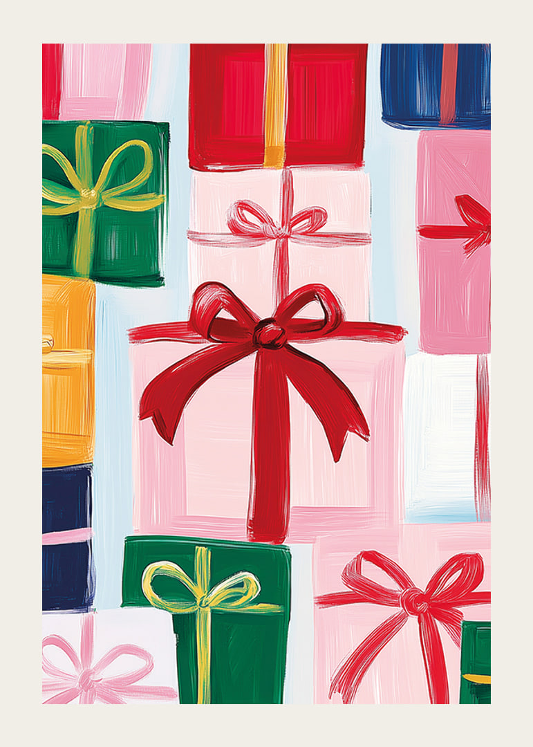 A poster with beautifully wrapped packages and large bows in festive shades-12