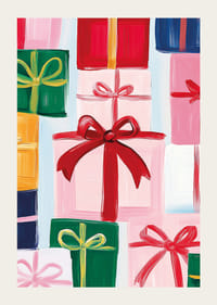 En poster med vackert inslagna paket och stora rosetter i festliga nyanser-3