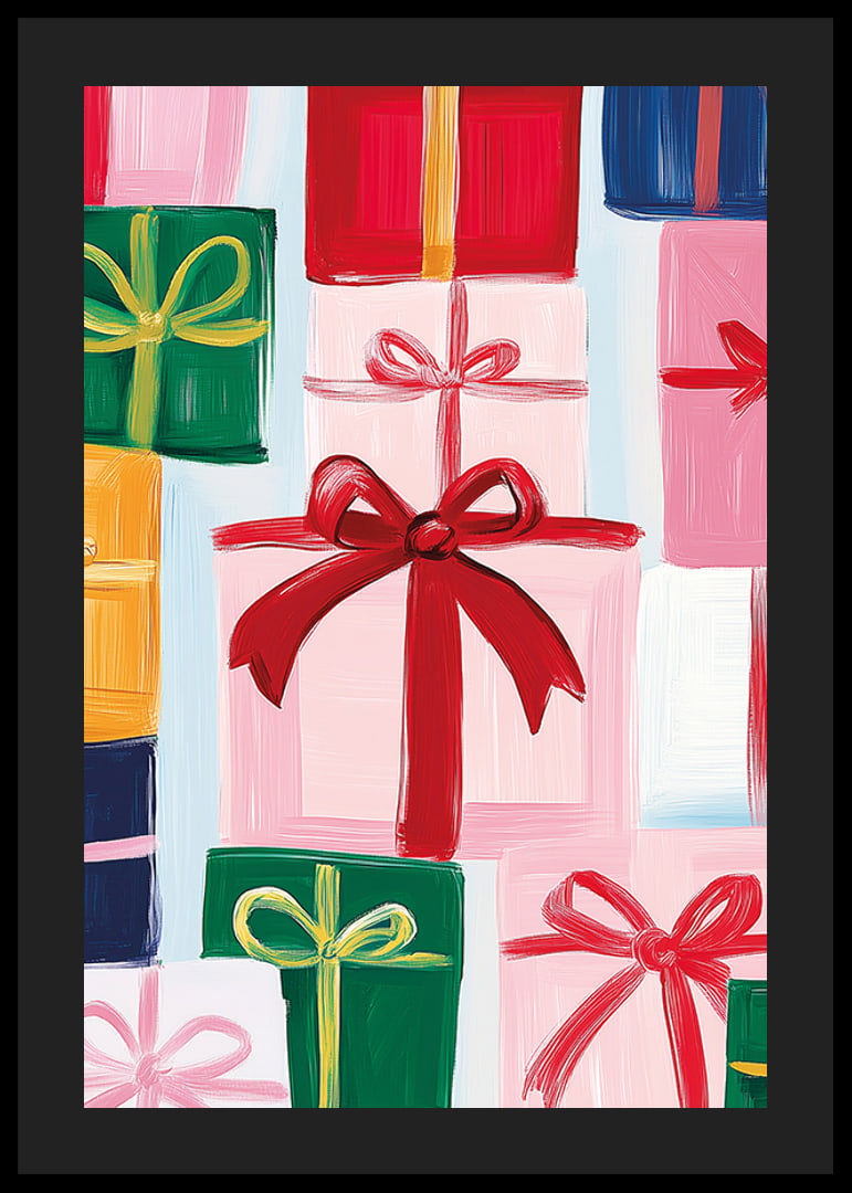 A poster with beautifully wrapped packages and large bows in festive shades-12