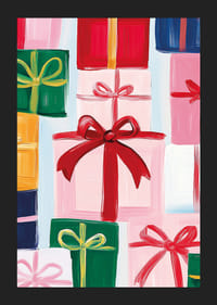 En poster med vackert inslagna paket och stora rosetter i festliga nyanser-5