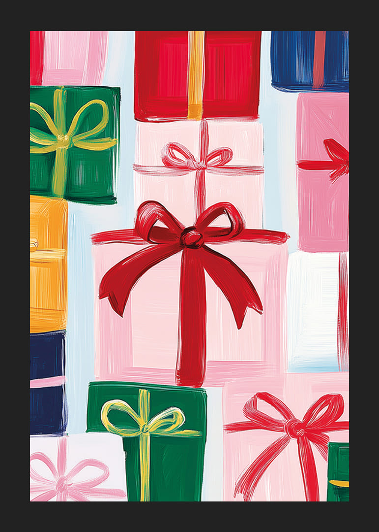 En poster med vackert inslagna paket och stora rosetter i festliga nyanser-12