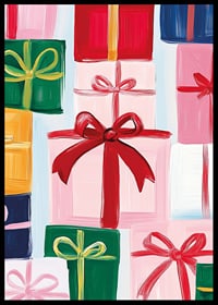 A poster with beautifully wrapped packages and large bows in festive shades-6