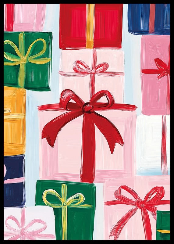 A poster with beautifully wrapped packages and large bows in festive shades-12