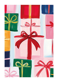A poster with beautifully wrapped packages and large bows in festive shades-1