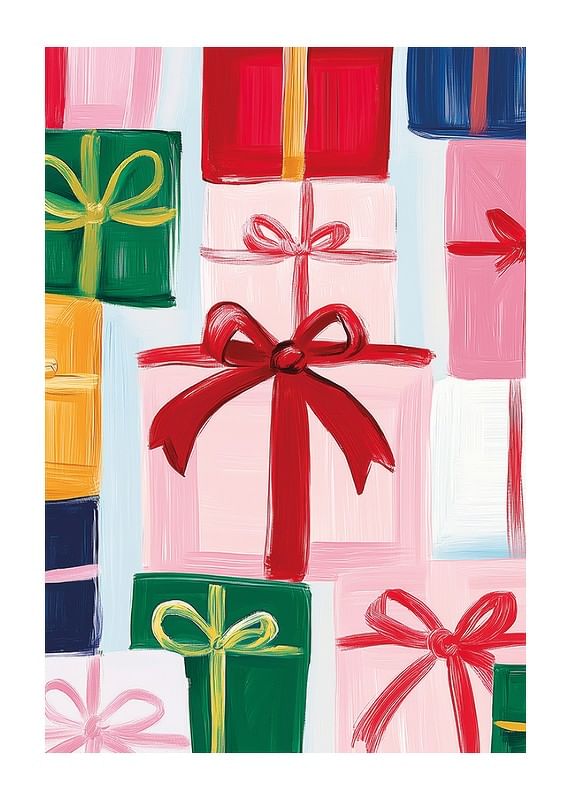 Un poster cu pachete frumos împachetate și fundițe mari în nuanțe festive-12