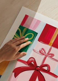 A poster with beautifully wrapped packages and large bows in festive shades-9