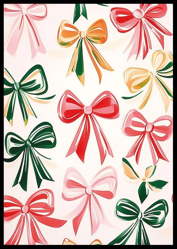 Um poster com laços festivos em vermelho, verde, rosa e dourado-12